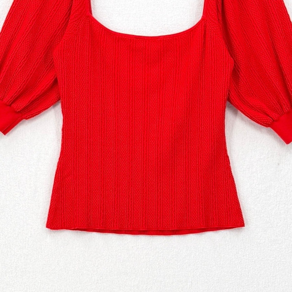 SEZANE Alessia Top Womens Large Red Square Neck Knit Puff Sleeve Sweater French - Picture 9 of 16